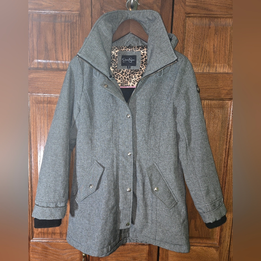 Jessica Simpson Gray Hooded Knee Length Fitted Collared Zip Pockets Jacket Sz M